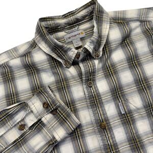 Carhartt Mens L Relaxed Fit Plaid Button Down Shirt Cotton Gray Yellow